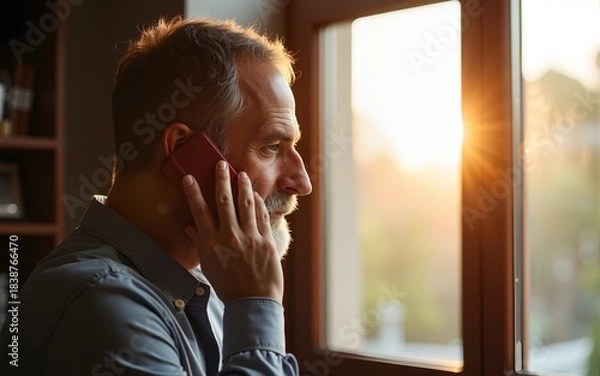 Fototapeta wide shot mature man with beard talking on phone next to sunny window. High quality