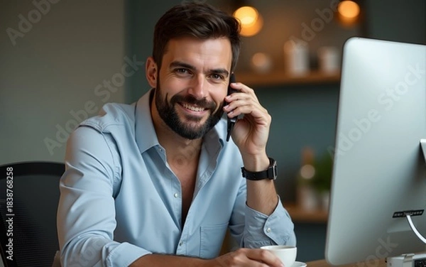 Fototapeta Handsome bearded man leaning on office desk, drinking coffee and talking on the phone. High quality