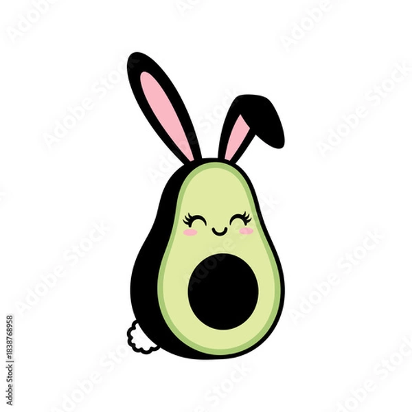 Fototapeta Cute avocado fruit vector character with bunny ears and a fluffy tail celebrating Easter isolated on white background