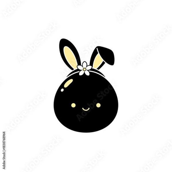 Fototapeta Cute black bunny character vector illustration with yellow ears and a small flower isolated on white background
