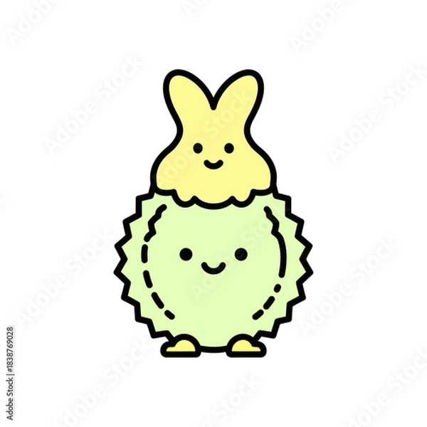 Fototapeta Cute vector cartoon of a smiling yellow bunny character with a spiky green round body and pointy ears isolated on white background