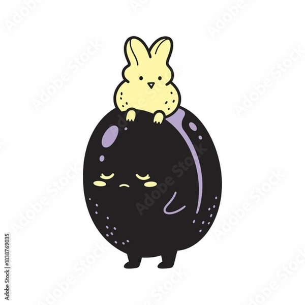 Fototapeta Cute yellow bunny character sitting on a dark plum-like creature with sad expression vector isolated on white background