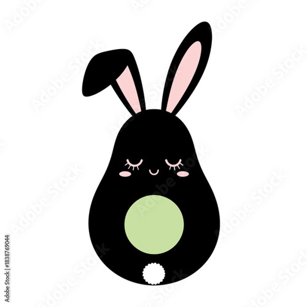 Fototapeta Playful black avocado cartoon character with long pink-lined bunny ears and a light green belly patch vector isolated on white background
