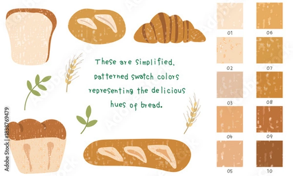 Fototapeta パンとスウォッチのカラーセット（ａｉデータにスウォッチあり。パンの質感や焼き色をイメージした水彩のカラースウォッチ（シームレス）とそちらを使用して描いたパンの素材セットです）