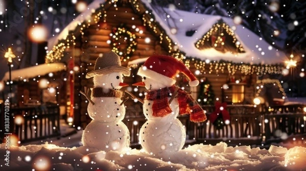 Fototapeta Festive Snowmen Decorated with Hats and Scarves Standing in Front of Illuminated Christmas Cabin