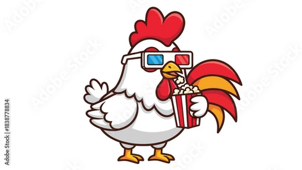 Obraz Funny cartoon chicken watching movie with 3D glasses and eating popcorn.