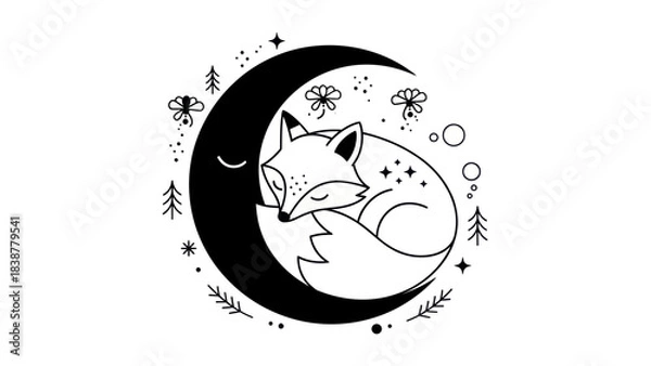 Obraz Cute fox sleeping on the moon with stars and trees