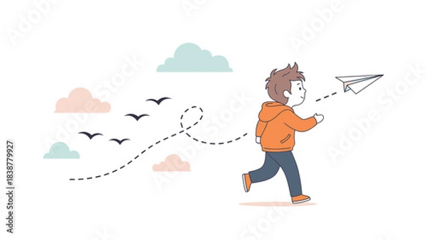 Fototapeta Boy running and launching a paper airplane with birds and clouds