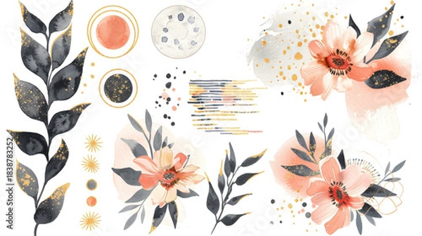 Obraz Elegant Watercolor Floral Pattern with Abstract Botanical Elements