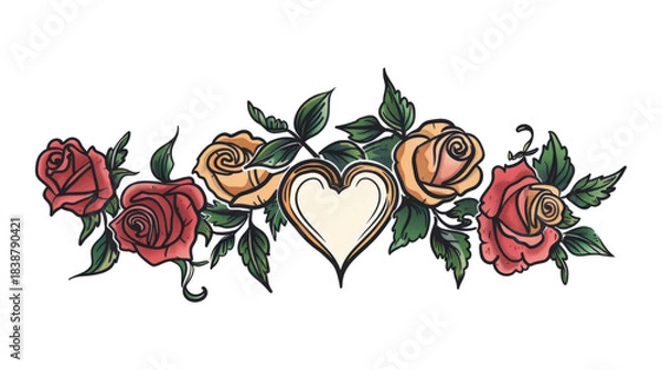 Obraz Vintage Heart with Red Roses Tattoo Illustration
