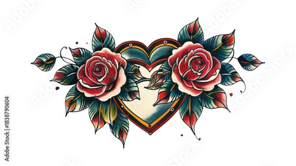 Obraz Vintage Heart with Roses Tattoo Illustration