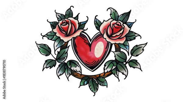 Obraz Vintage Heart with Roses Tattoo Illustration