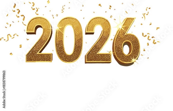 Fototapeta  Luxurious Gold Glitter Text Vector of the Number 2026, Surrounded by Flying Confetti and Streamers, Ideal for New Year's Eve, Celebration Banners, and Holiday Graphic Design Templates