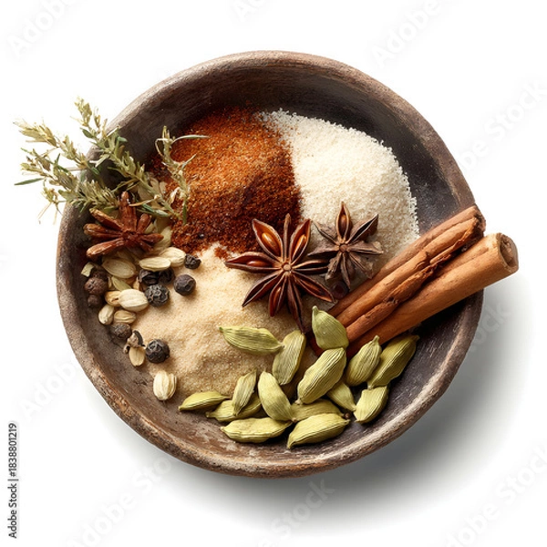 Fototapeta Aromatic spices and herbs arranged in a rustic bowl