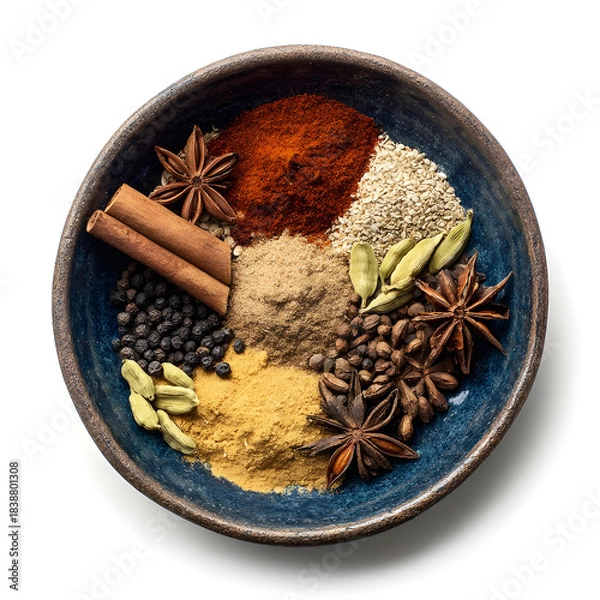 Fototapeta Assortment of whole and ground spices in a rustic bowl