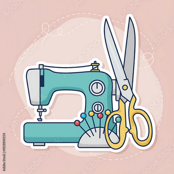 Obraz Sewing Machine and Scissors Illustration for Craft Projects.
