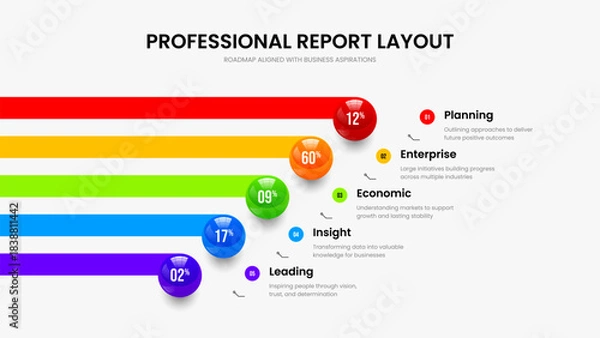 Fototapeta Minimalist Strategy Five Step Diagram Slideshow Template. Clean Performance 5 Option Chart Slide Design. Minimal Visualization Presentation Layout Vector Illustration.