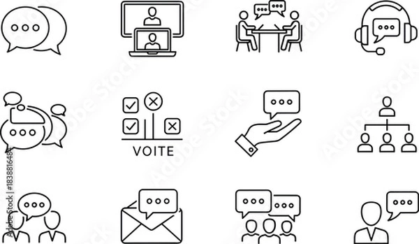 Fototapeta Comprehensive communication, support, online meeting, voting, feedback, and organizational structure line icons set vector illustration