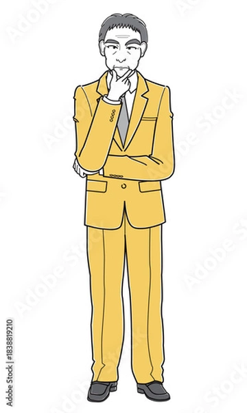 Fototapeta 顎に手をあてて立つスーツの中年男性（シンプル）