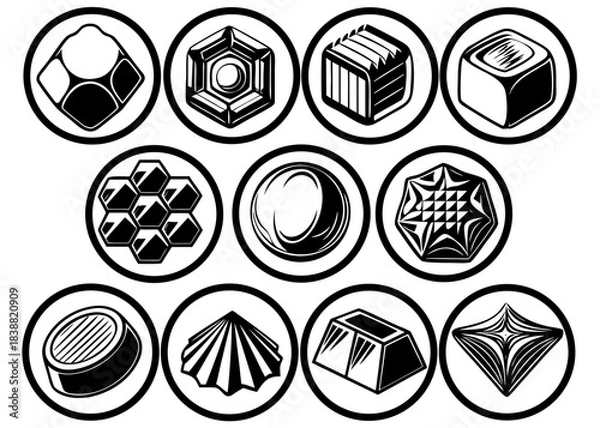 Fototapeta Black and white geometric chocolate and truffle icons set, round emblems