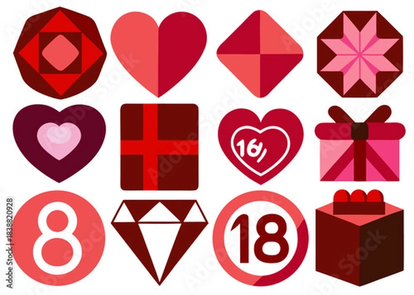 Fototapeta Flat geometric heart, gift, diamond, and number icons set