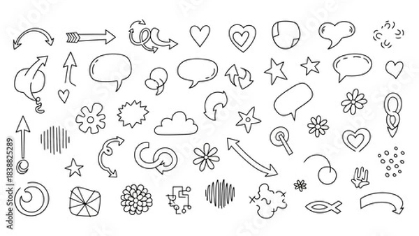 Obraz Collection of Hand-Drawn Doodle Elements, Arrows, Hearts, Flowers, and Speech Bubbles