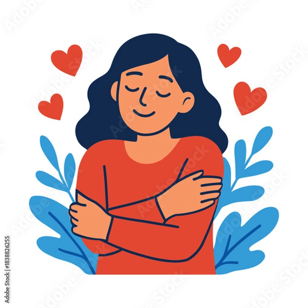 Obraz Woman expressing positive emotion with self hug surrounded by hearts and decorative leaves showing self love and wellbeing, flat vector illustration