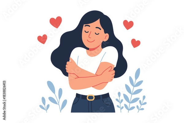 Obraz Woman hugging herself with hearts around showing self love positivity and emotional wellbeing, flat vector illustration