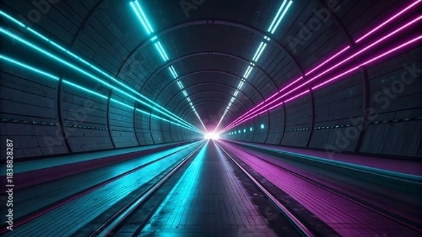 Fototapeta Futuristic tunnel with glowing neon light streaks in cyan and magenta, abstract dark environment with perspective leading to a bright light source at the end, highspeed motion concept
