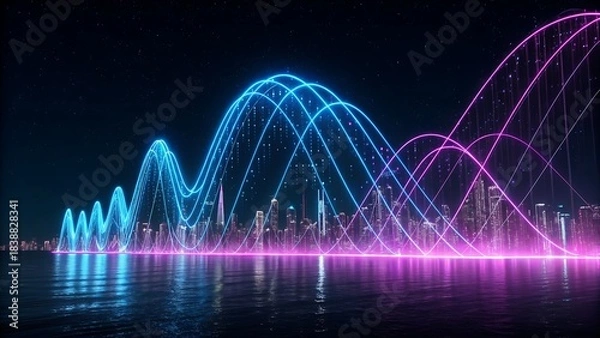 Fototapeta Abstract digital sound wave or data visualization forming an arching bridge structure over a futuristic city skyline reflected in water at night, glowing blue and pink neon lights, dark background