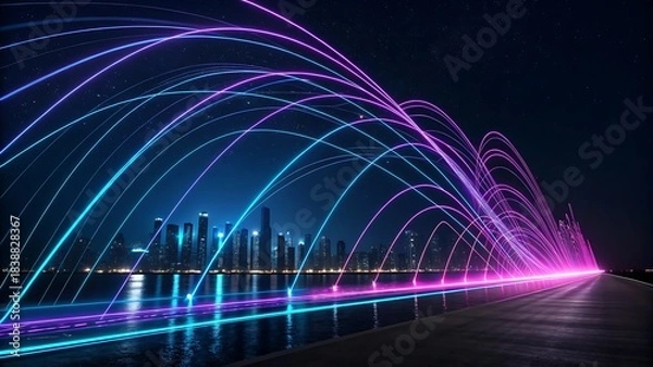 Fototapeta Abstract glowing neon light trails in blue and purple forming arches over a dark city skyline reflecting on water at night, representing data transfer, technology, and digital communication