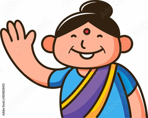 Obraz A cheerful woman in traditional sari waving hello with a warm smile