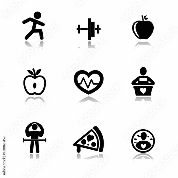 Obraz Simple black icons representing health fitness food and lifestyle elements