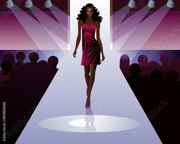 Obraz A fashion model walks the runway under bright spotlight illumination
