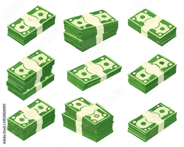 Obraz Isometric illustration of multiple stacks of one hundred dollar bills arranged on a dark background