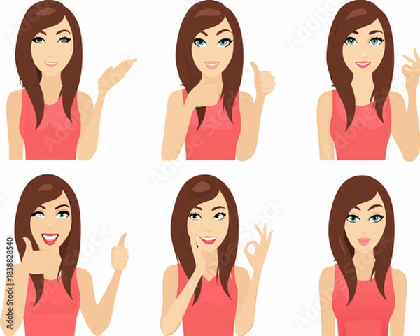 Obraz A collection of illustrated woman s portraits showing different hand gestures and expressions