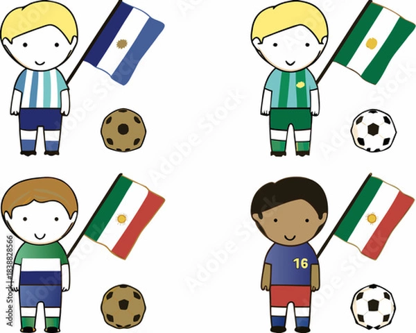 Obraz Cartoon soccer fans representing argentina and italy with flags and balls