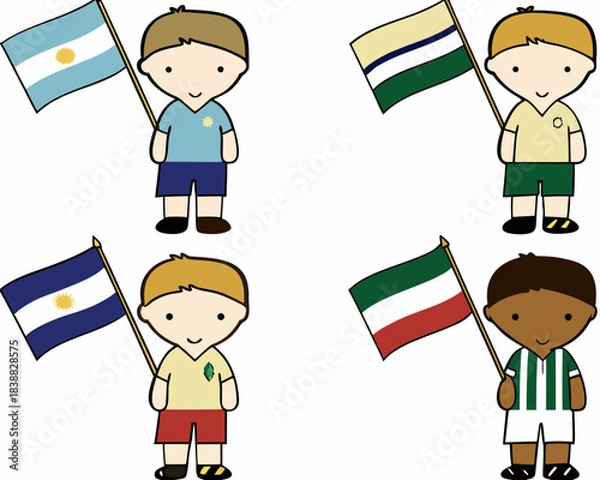 Obraz Cartoon children waving the flags of argentina latvia and italy
