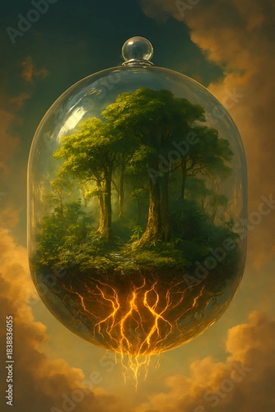 Fototapeta Floating Terrarium Illustration – Miniature Ecosystem in Glass Sphere with Glowing Roots, Lush Trees, Cloudscape, and Surreal Fantasy Landscape in Golden Light