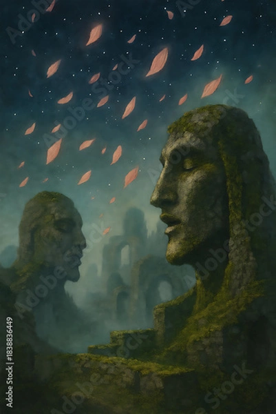 Fototapeta Mystical Moss-Covered Stone Statues Illustration – Ancient Ruins and Forgotten Civilization in Surreal Fantasy Landscape with Eerie Twilight, Starry Sky, and Ethereal Glow