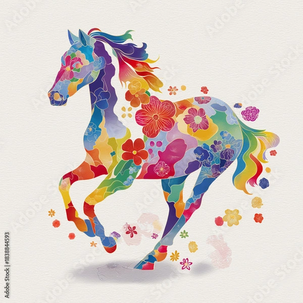 Obraz 和風の花模様で彩られた幻想的な馬のアート作品｜干支、年賀状、2026、和柄、華やか、装飾、動物、カラフル、幻想、正月、背景素材、年始、新年