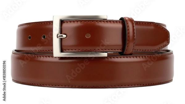 Obraz Shiny brown leather belt with silver buckle, centered on black background