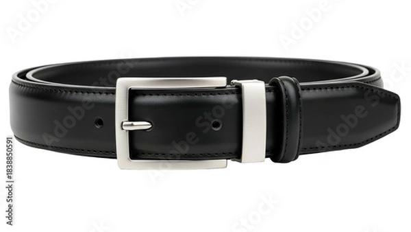 Obraz Elegant, black, leather belt with a shiny silver buckle, isolated on a black background
