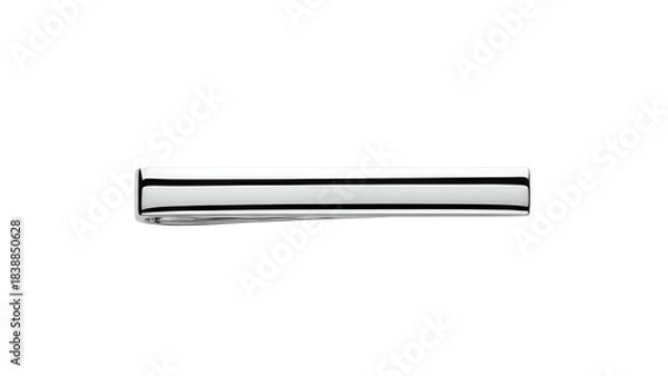 Obraz A highly reflective, silver-colored tie bar with a clean, minimalist design against black