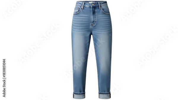 Obraz Light-wash denim jeans isolated on a black background. Cuffed hem, front view