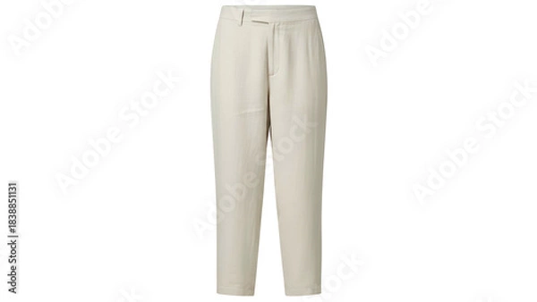 Obraz Off-white, pleated, tailored trousers presented on black. Front view, studio shot