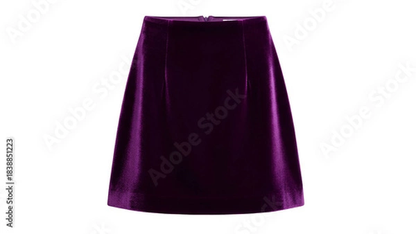 Obraz Glossy, smooth, deep purple skirt with slight A-line shape. Front zipper detail