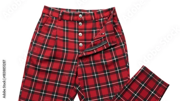 Obraz Red plaid trousers with silver buttons, partially unbuttoned, angled on white backdrop