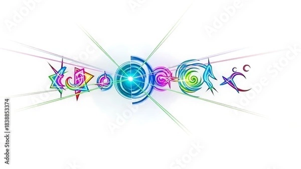 Obraz Abstract digital network with glowing lines and vibrant circular elements on a dark background