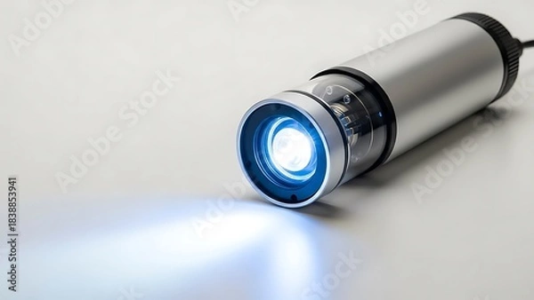 Obraz Bright silver flashlight emitting a powerful beam of light on a reflective surface